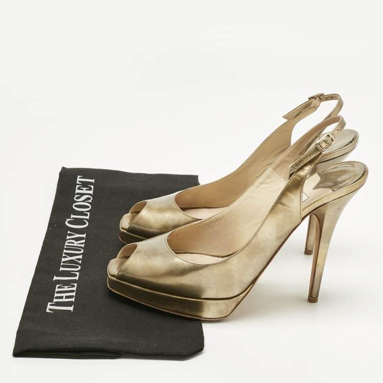 Pre Owned Jimmy Choo Gold Leather Nova Peep Toe Slingback Pumps Size 38