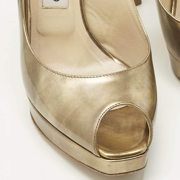 Pre Owned Jimmy Choo Gold Leather Nova Peep Toe Slingback Pumps Size 38