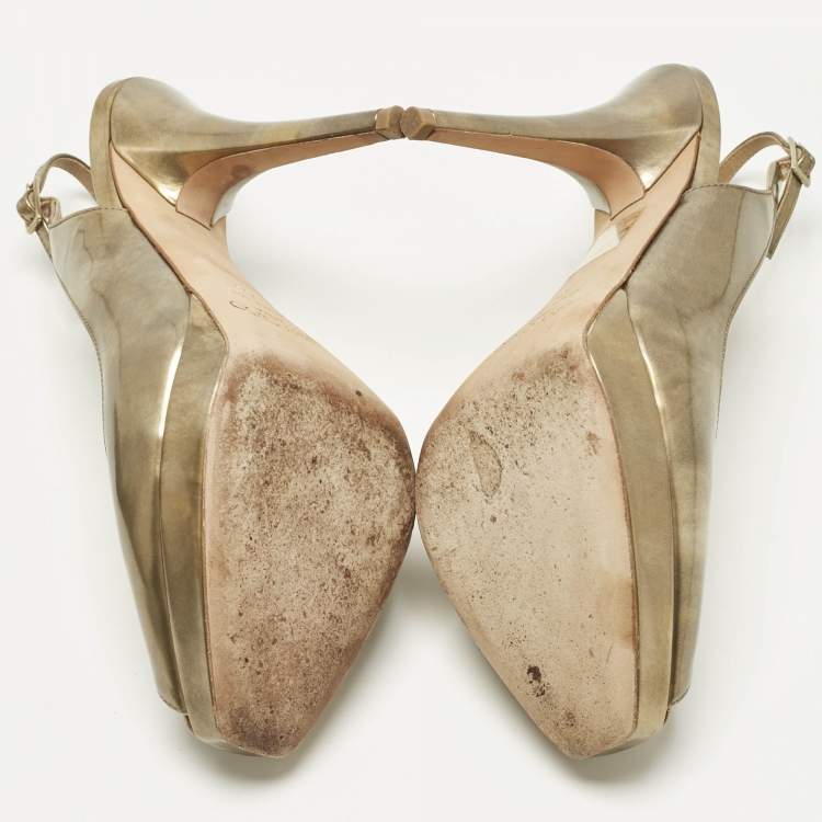 Pre Owned Jimmy Choo Gold Leather Nova Peep Toe Slingback Pumps Size 38