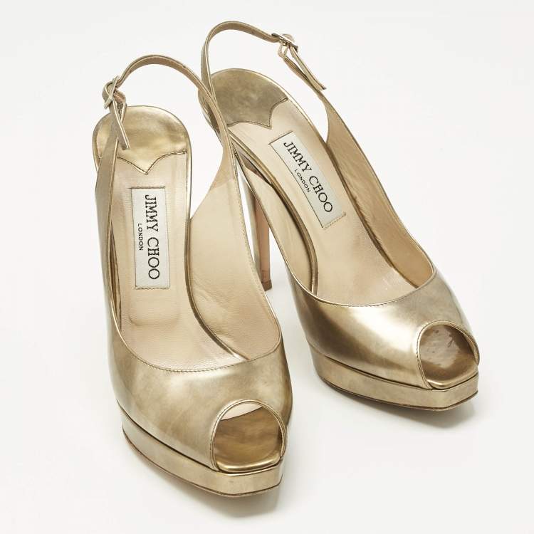 Pre Owned Jimmy Choo Gold Leather Nova Peep Toe Slingback Pumps Size 38