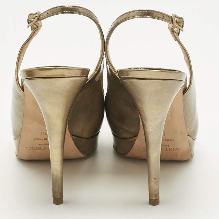 Pre Owned Jimmy Choo Gold Leather Nova Peep Toe Slingback Pumps Size 38