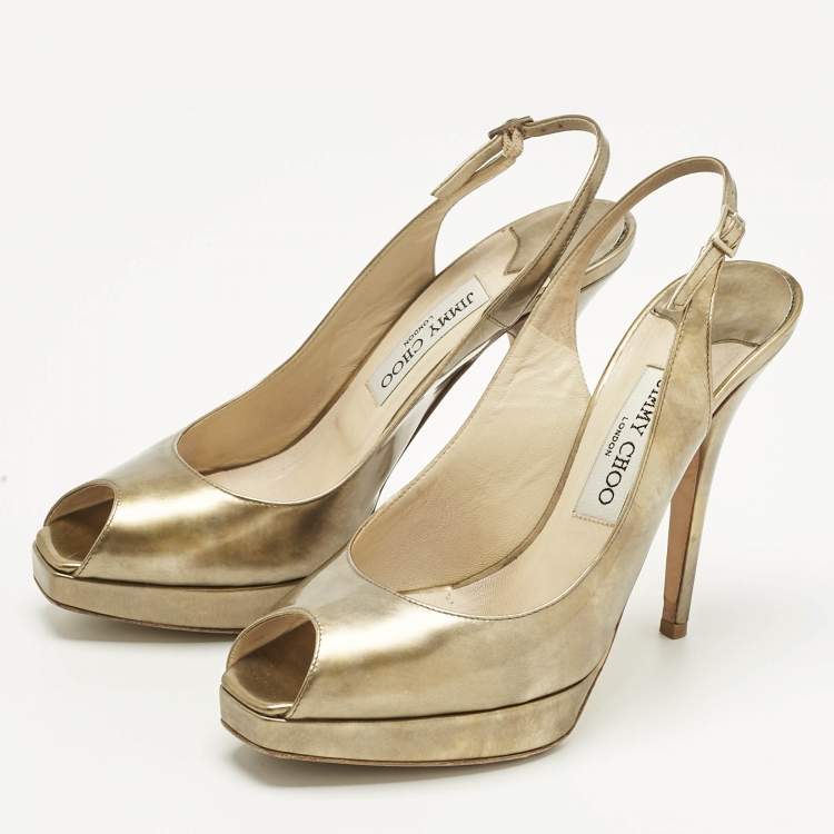 Pre Owned Jimmy Choo Gold Leather Nova Peep Toe Slingback Pumps Size 38