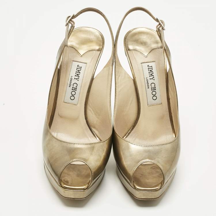 Pre Owned Jimmy Choo Gold Leather Nova Peep Toe Slingback Pumps Size 38