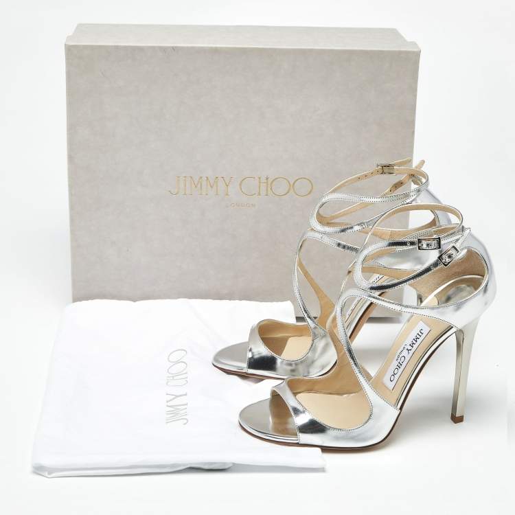 Pre Owned Jimmy Choo Silver Leather Azia Ankle Strap Sandals Size 36.5