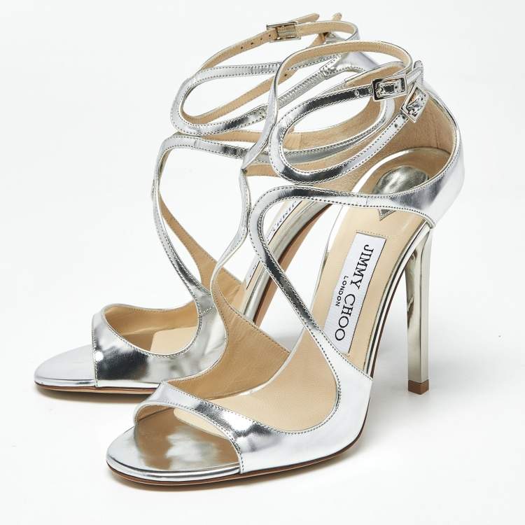 Pre Owned Jimmy Choo Silver Leather Azia Ankle Strap Sandals Size 36.5