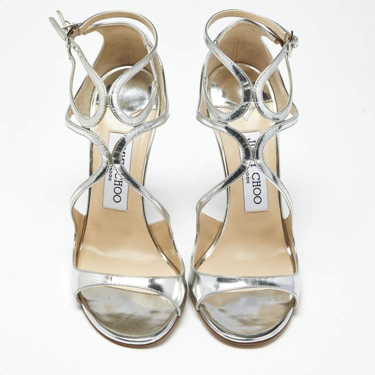 Pre Owned Jimmy Choo Silver Leather Azia Ankle Strap Sandals Size 36.5