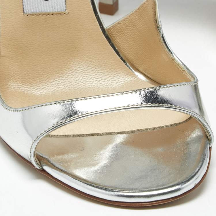 Pre Owned Jimmy Choo Silver Leather Azia Ankle Strap Sandals Size 36.5