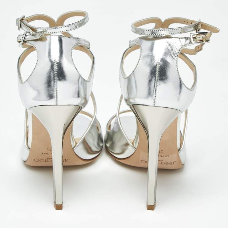 Pre Owned Jimmy Choo Silver Leather Azia Ankle Strap Sandals Size 36.5