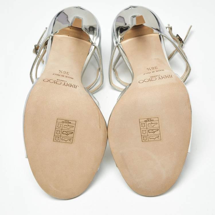 Pre Owned Jimmy Choo Silver Leather Azia Ankle Strap Sandals Size 36.5