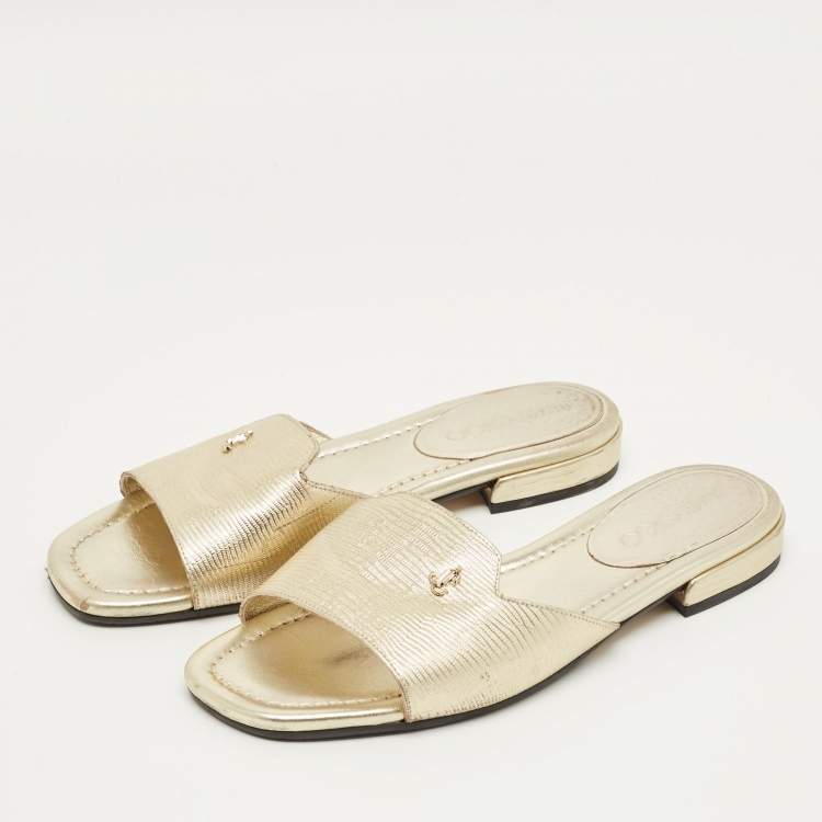 Pre Owned Jimmy Choo Gold Lizard Embossed Leather Dina Flat Slides Size 37