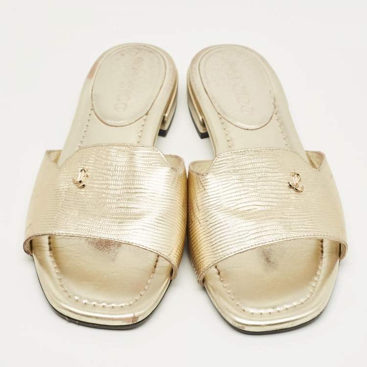 Pre Owned Jimmy Choo Gold Lizard Embossed Leather Dina Flat Slides Size 37