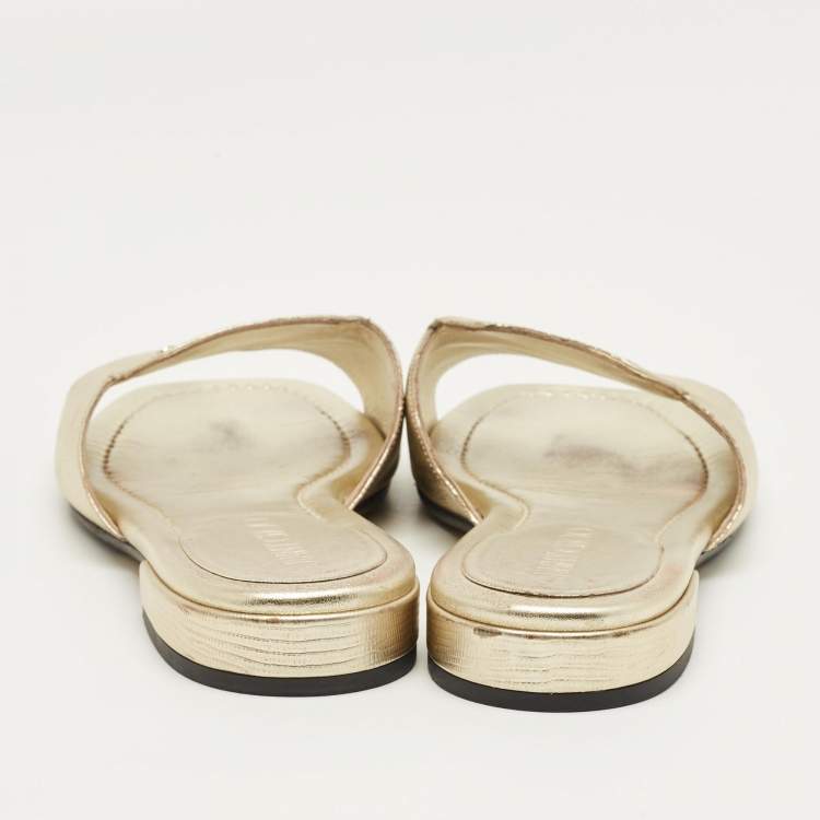 Pre Owned Jimmy Choo Gold Lizard Embossed Leather Dina Flat Slides Size 37