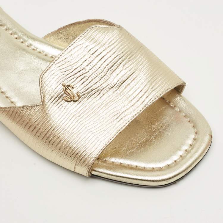 Pre Owned Jimmy Choo Gold Lizard Embossed Leather Dina Flat Slides Size 37