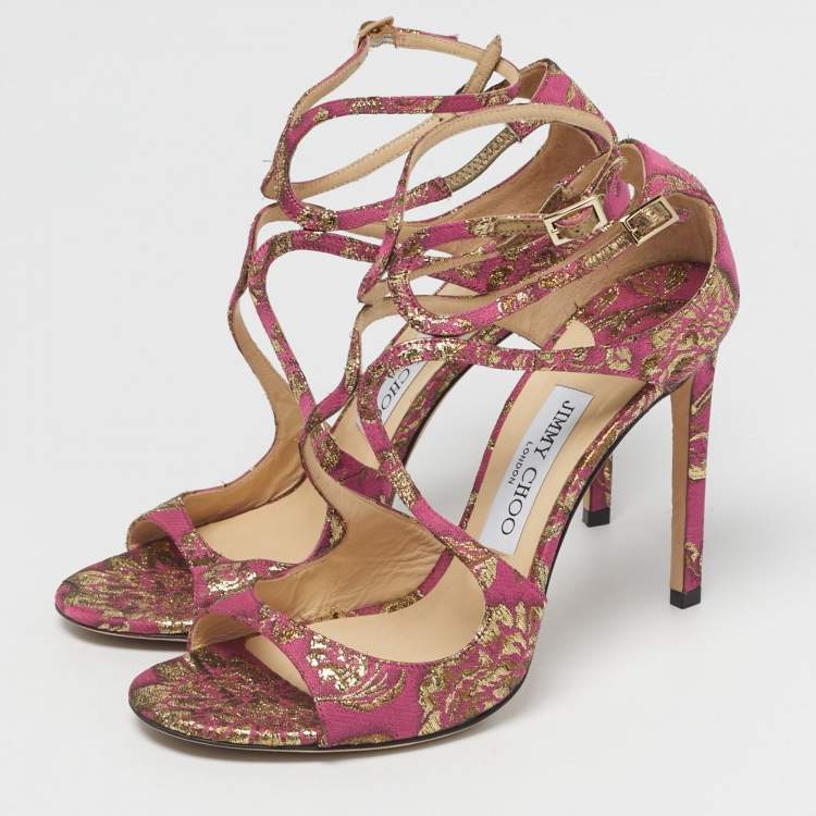 Pre Owned Jimmy Choo Purple Brocade Fabric Azia Ankle Strap Sandals Size 39
