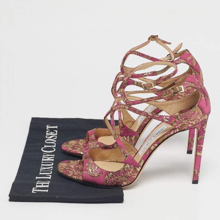 Pre Owned Jimmy Choo Purple Brocade Fabric Azia Ankle Strap Sandals Size 39