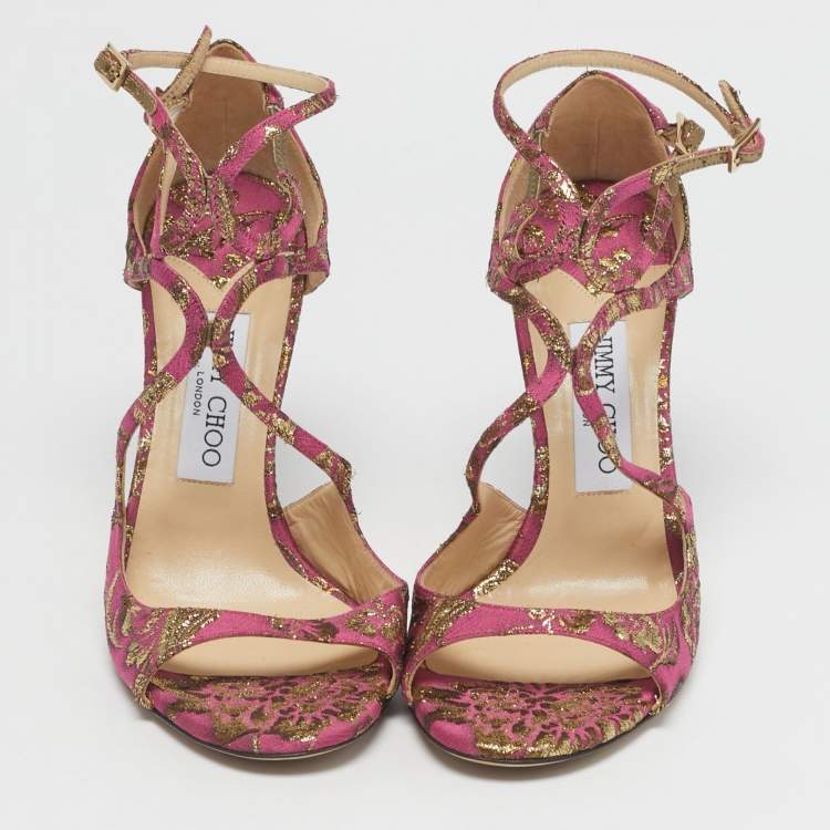 Pre Owned Jimmy Choo Purple Brocade Fabric Azia Ankle Strap Sandals Size 39