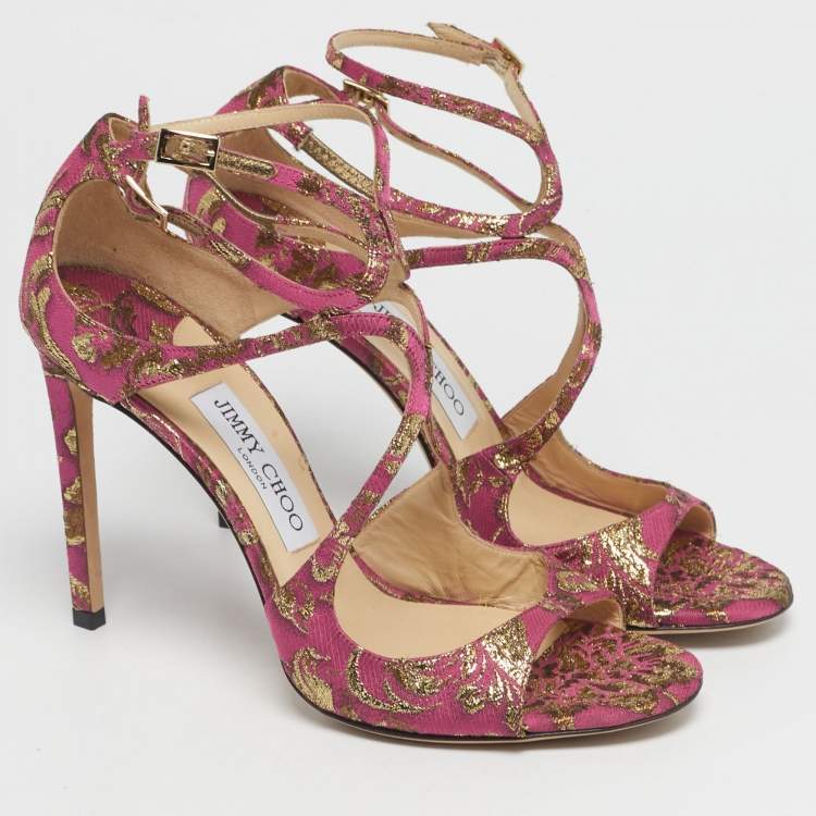 Pre Owned Jimmy Choo Purple Brocade Fabric Azia Ankle Strap Sandals Size 39