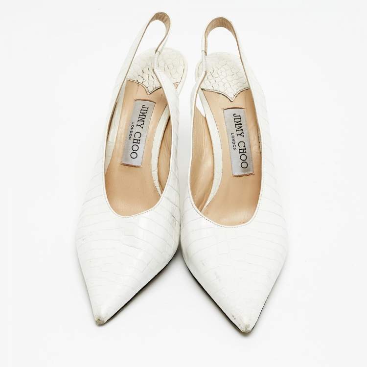 Pre Owned Jimmy Choo White Croc Embossed Leather Ivy Slingback Pumps Size 39