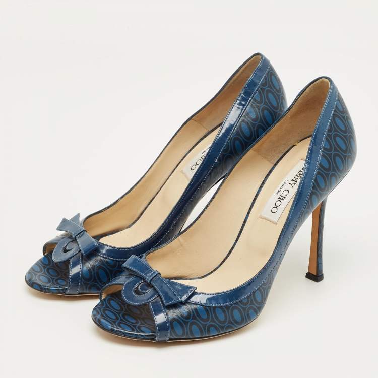 Pre Owned Jimmy Choo Blue Printed Leather and Patent Peep Toe Pumps Size 40.5