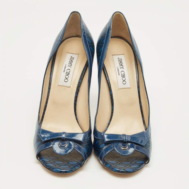 Pre Owned Jimmy Choo Blue Printed Leather and Patent Peep Toe Pumps Size 40.5