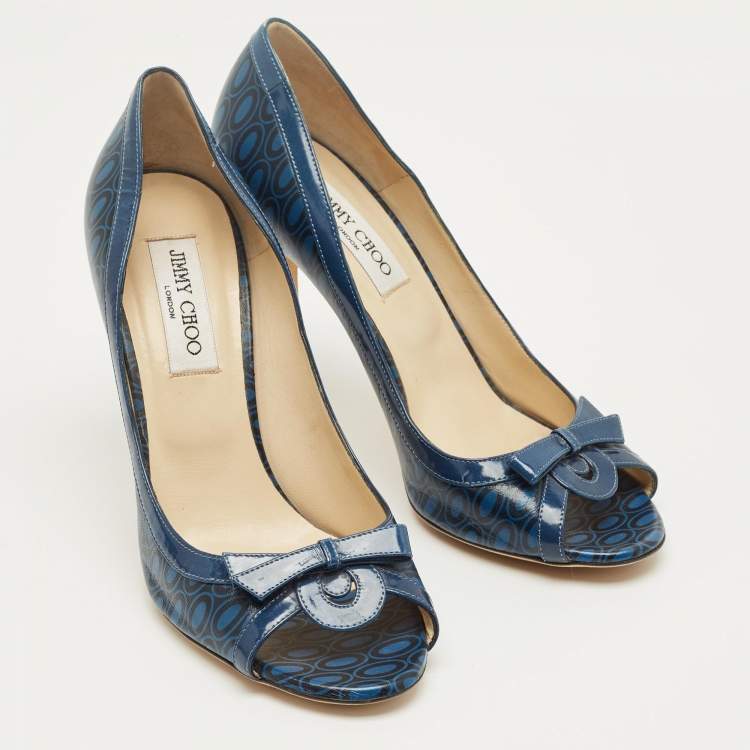 Pre Owned Jimmy Choo Blue Printed Leather and Patent Peep Toe Pumps Size 40.5