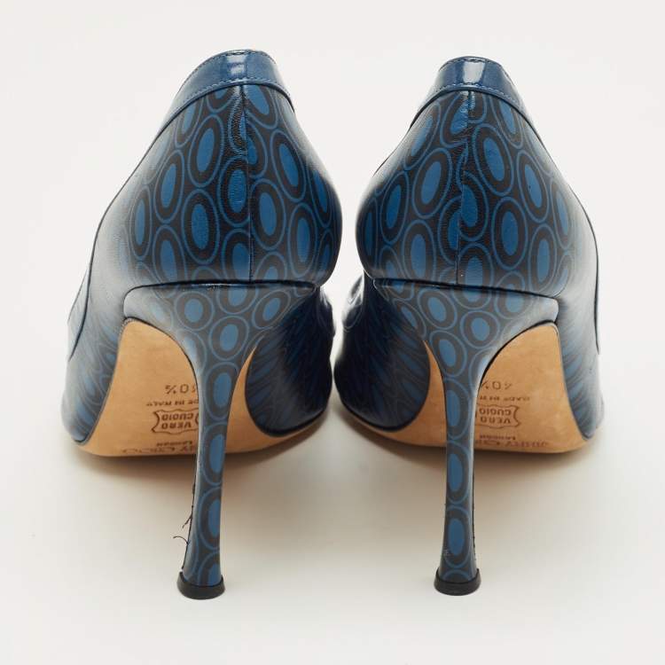 Pre Owned Jimmy Choo Blue Printed Leather and Patent Peep Toe Pumps Size 40.5