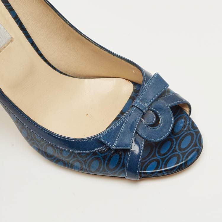 Pre Owned Jimmy Choo Blue Printed Leather and Patent Peep Toe Pumps Size 40.5