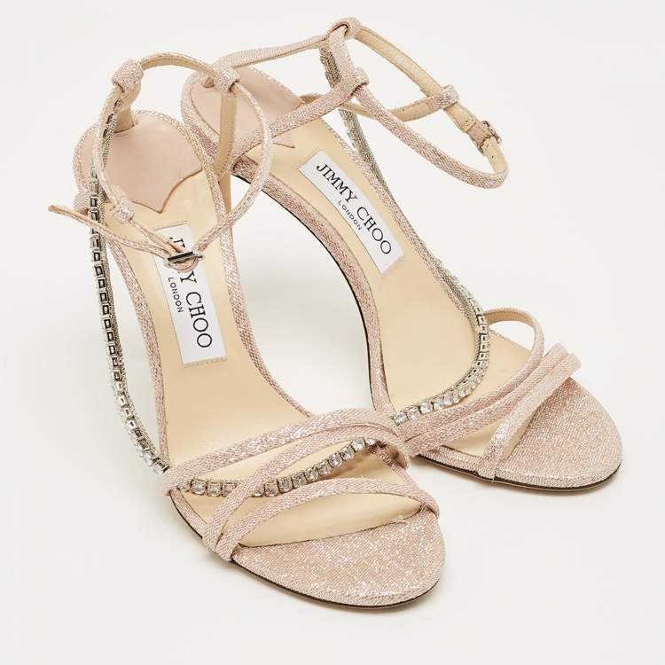 Pre Owned Jimmy Choo Pink Lurex Fabric Crystal Embellish Ankle Strap Sandals Size 38.5