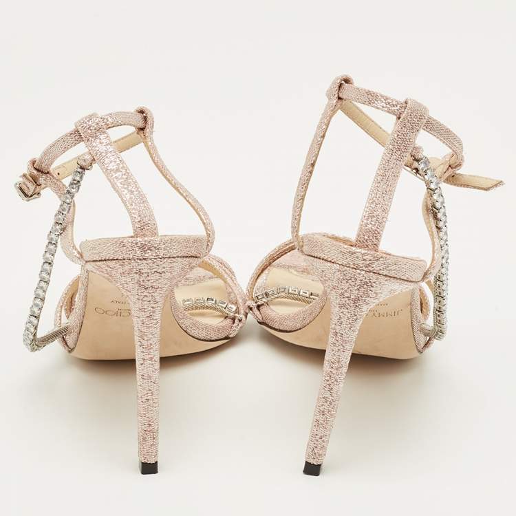 Pre Owned Jimmy Choo Pink Lurex Fabric Crystal Embellish Ankle Strap Sandals Size 38.5
