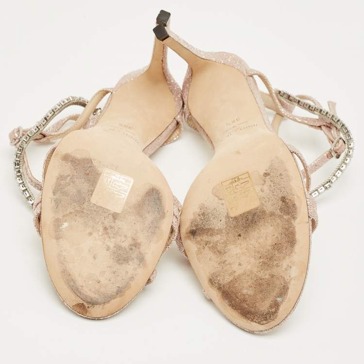 Pre Owned Jimmy Choo Pink Lurex Fabric Crystal Embellish Ankle Strap Sandals Size 38.5