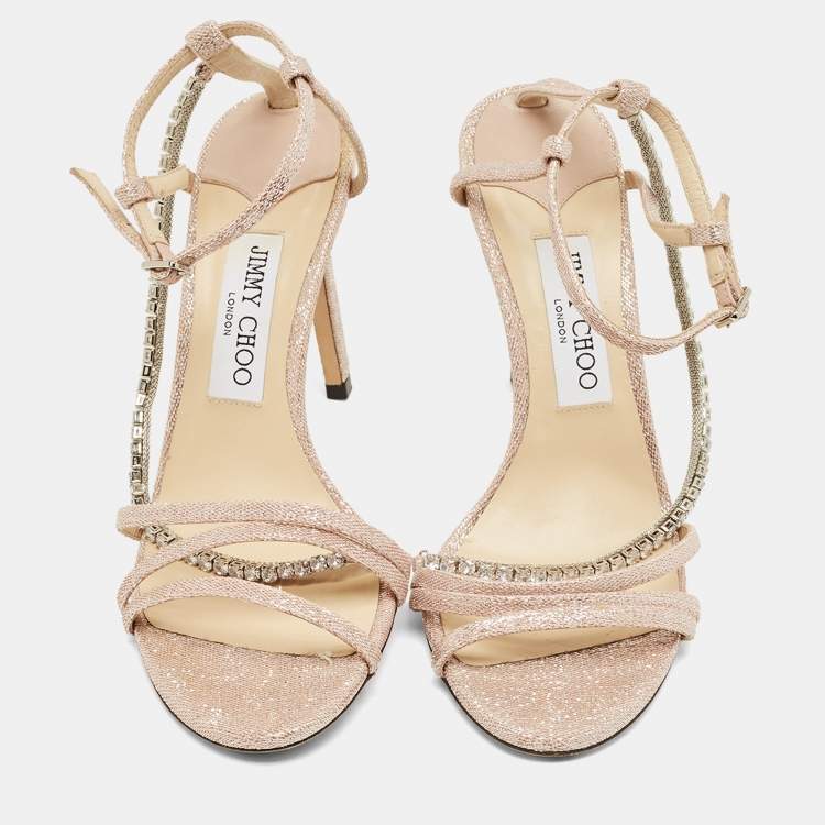 Pre Owned Jimmy Choo Pink Lurex Fabric Crystal Embellish Ankle Strap Sandals Size 38.5