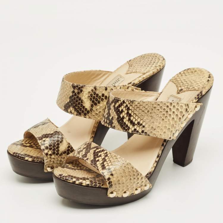 Pre Owned Jimmy Choo Beige/Brown Snakeskin Embossed Leather Wooden Platform Sandals Size 40