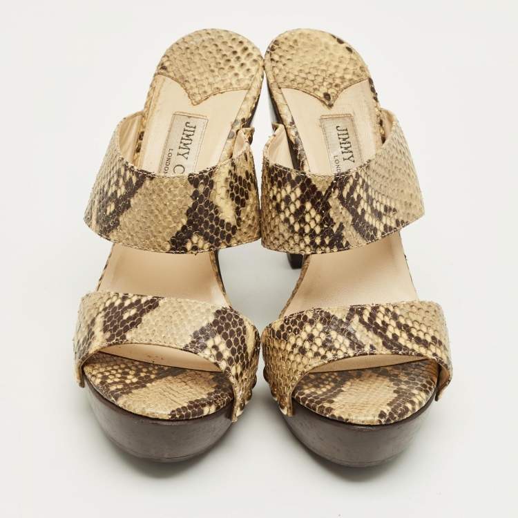 Pre Owned Jimmy Choo Beige/Brown Snakeskin Embossed Leather Wooden Platform Sandals Size 40