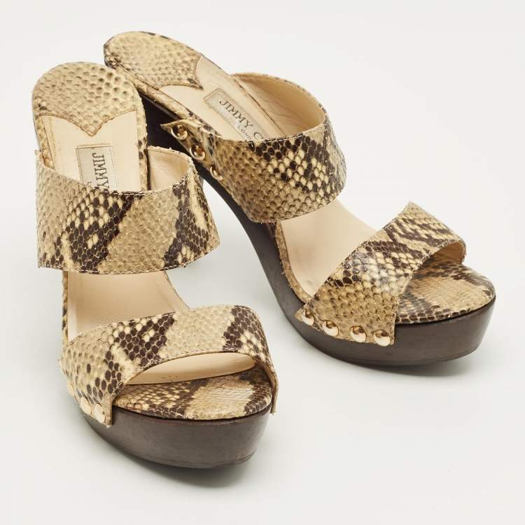 Pre Owned Jimmy Choo Beige/Brown Snakeskin Embossed Leather Wooden Platform Sandals Size 40