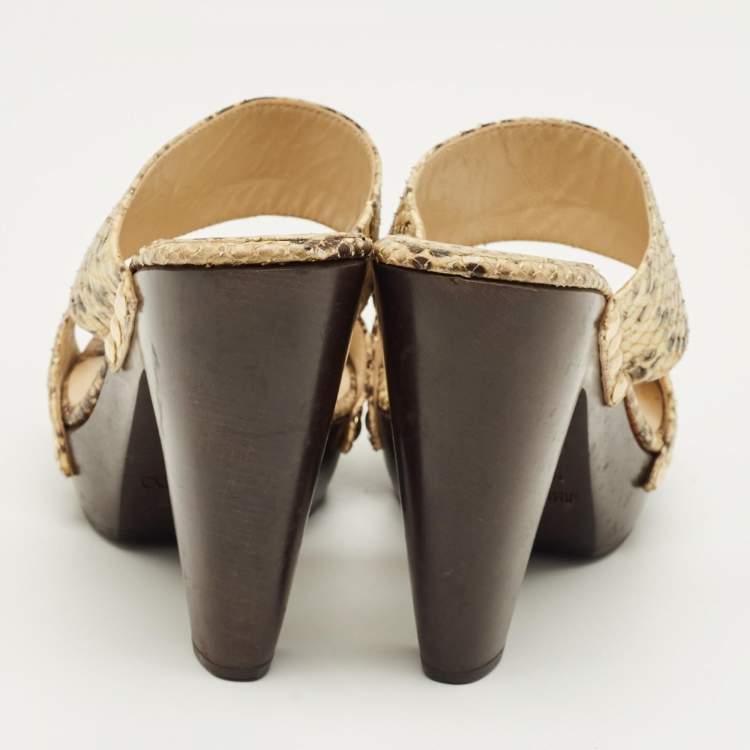 Pre Owned Jimmy Choo Beige/Brown Snakeskin Embossed Leather Wooden Platform Sandals Size 40