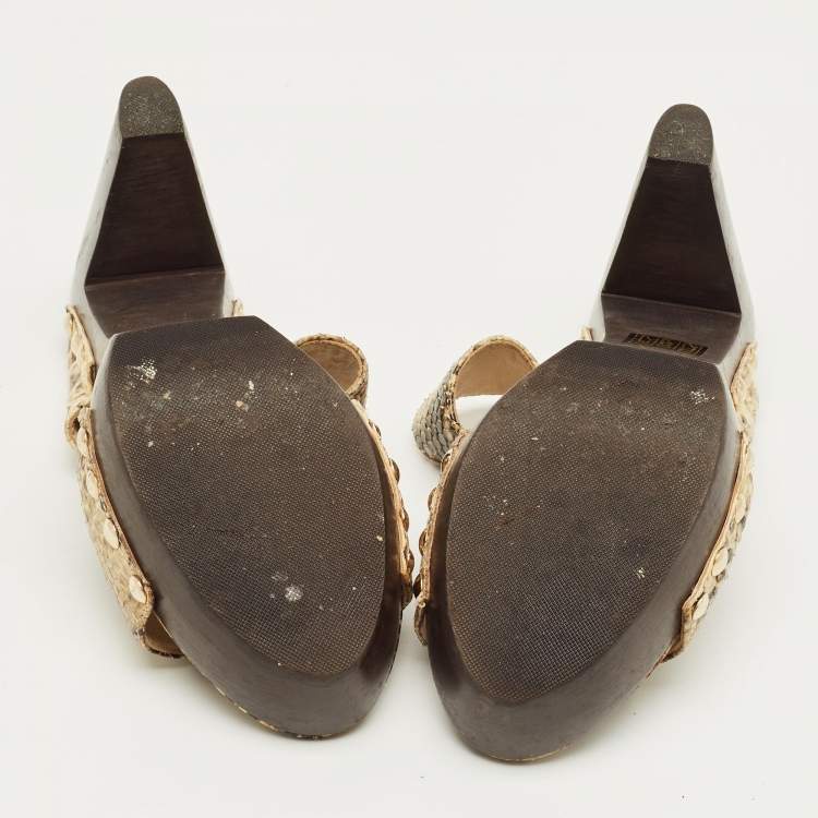 Pre Owned Jimmy Choo Beige/Brown Snakeskin Embossed Leather Wooden Platform Sandals Size 40
