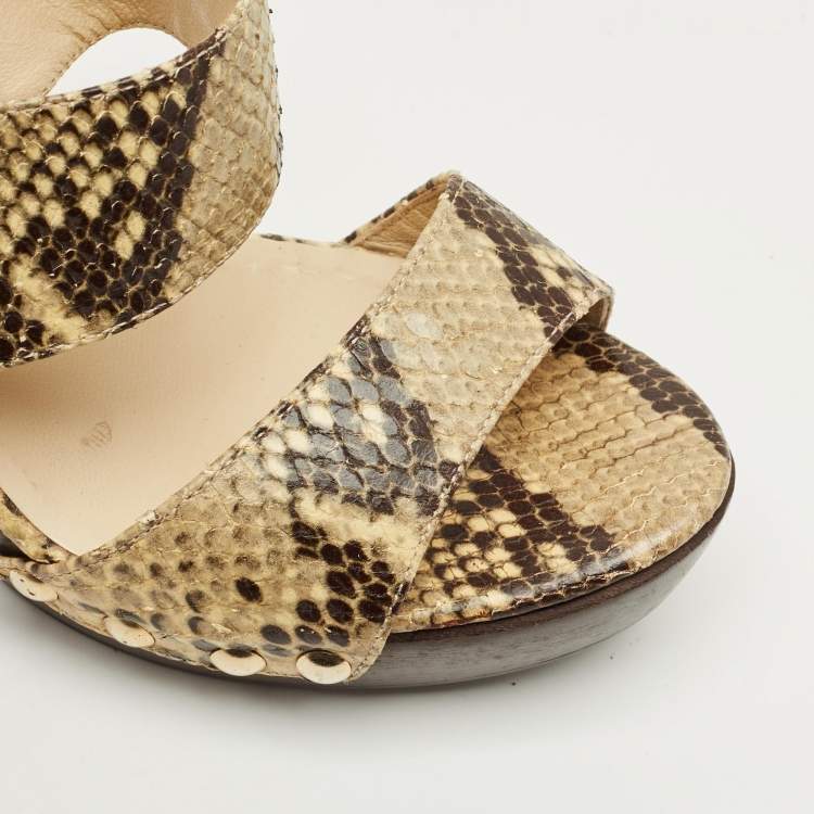 Pre Owned Jimmy Choo Beige/Brown Snakeskin Embossed Leather Wooden Platform Sandals Size 40