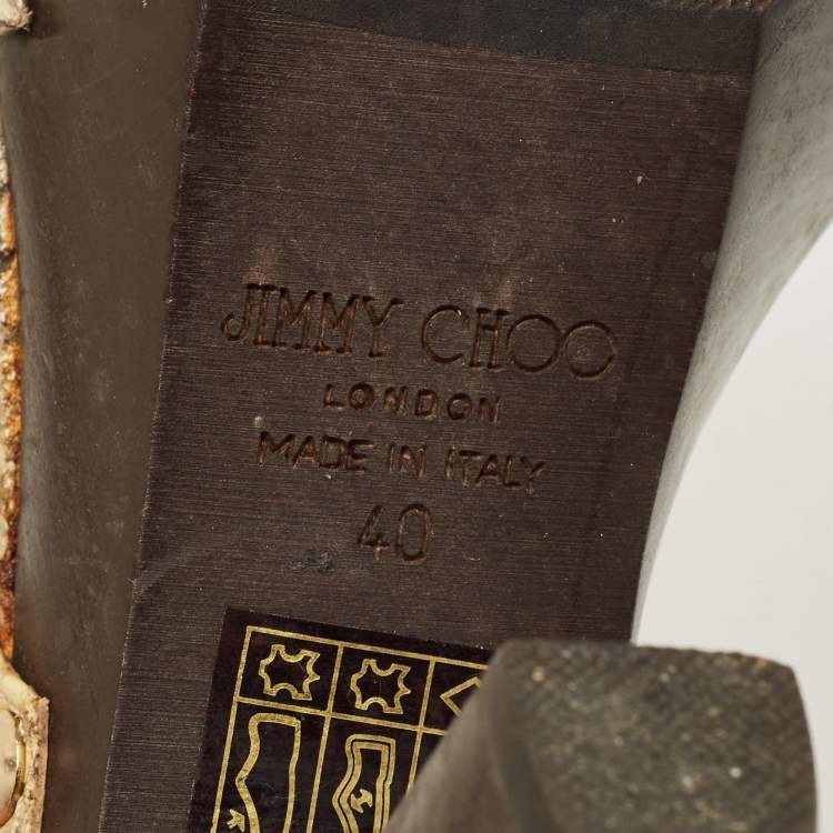 Pre Owned Jimmy Choo Beige/Brown Snakeskin Embossed Leather Wooden Platform Sandals Size 40