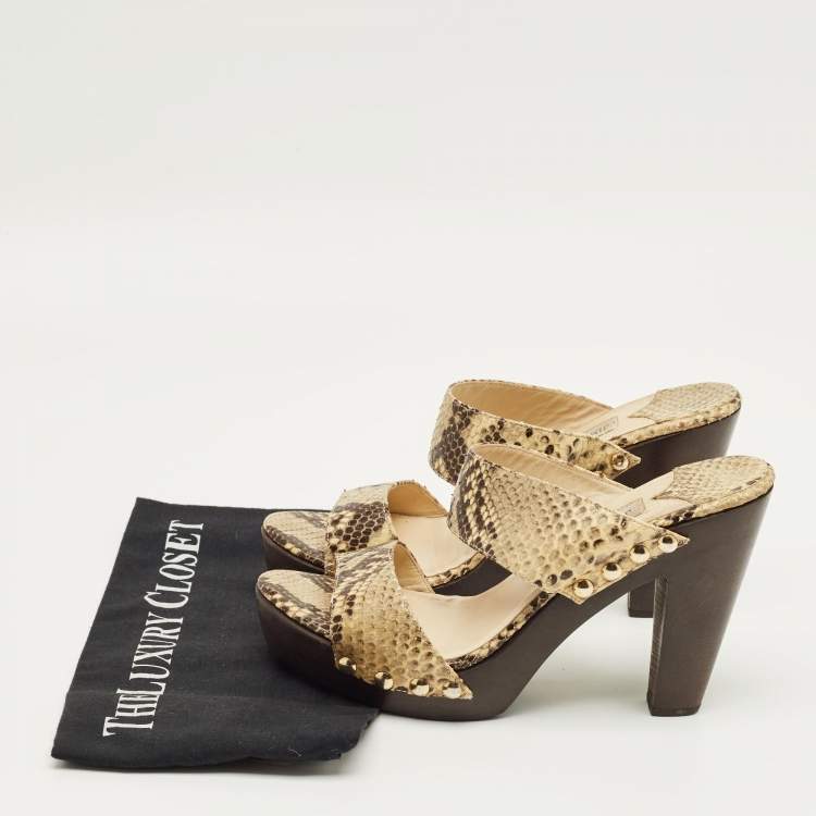 Pre Owned Jimmy Choo Beige/Brown Snakeskin Embossed Leather Wooden Platform Sandals Size 40