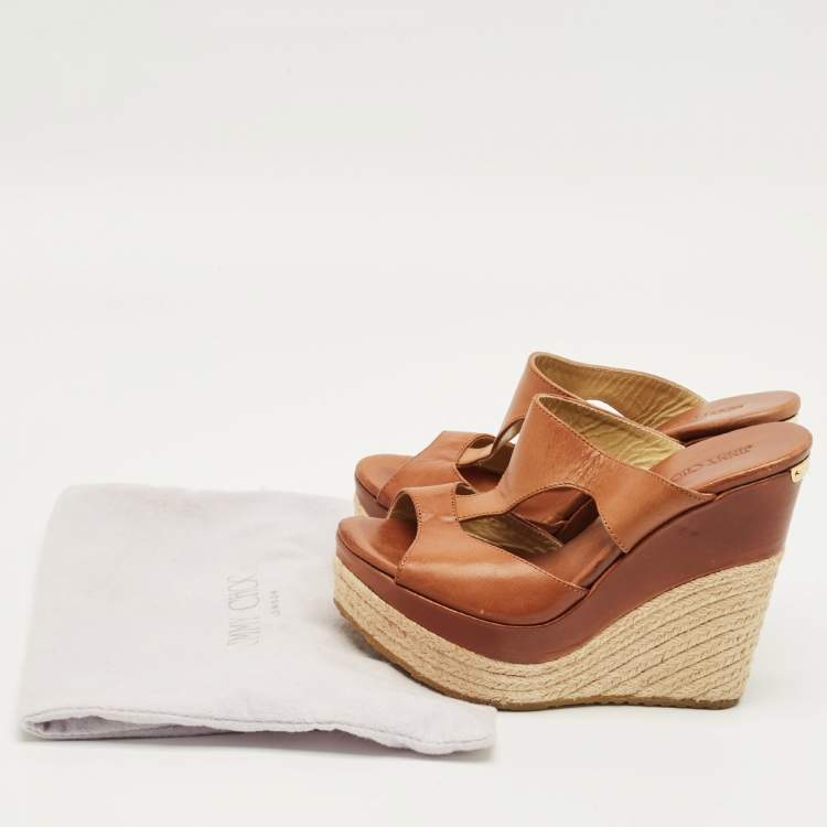 Pre Owned Jimmy Choo Brown Leather Platform Wedge Espadrille Sandals Size 36.5