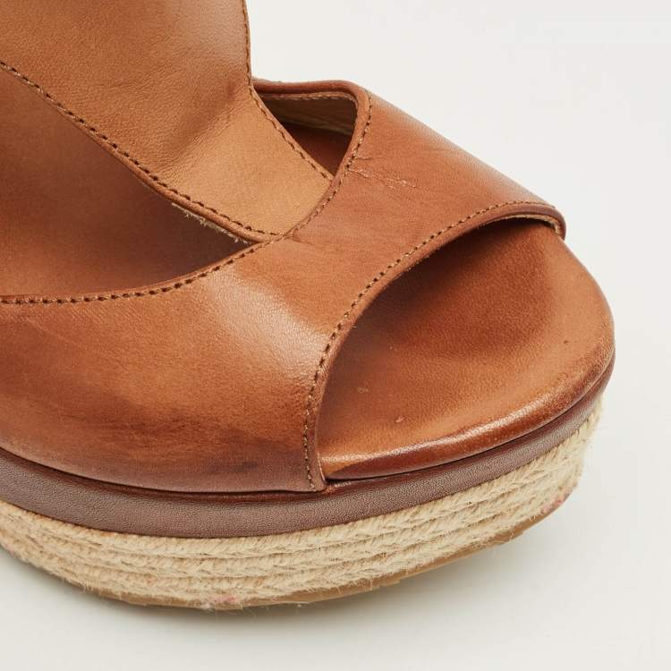 Pre Owned Jimmy Choo Brown Leather Platform Wedge Espadrille Sandals Size 36.5