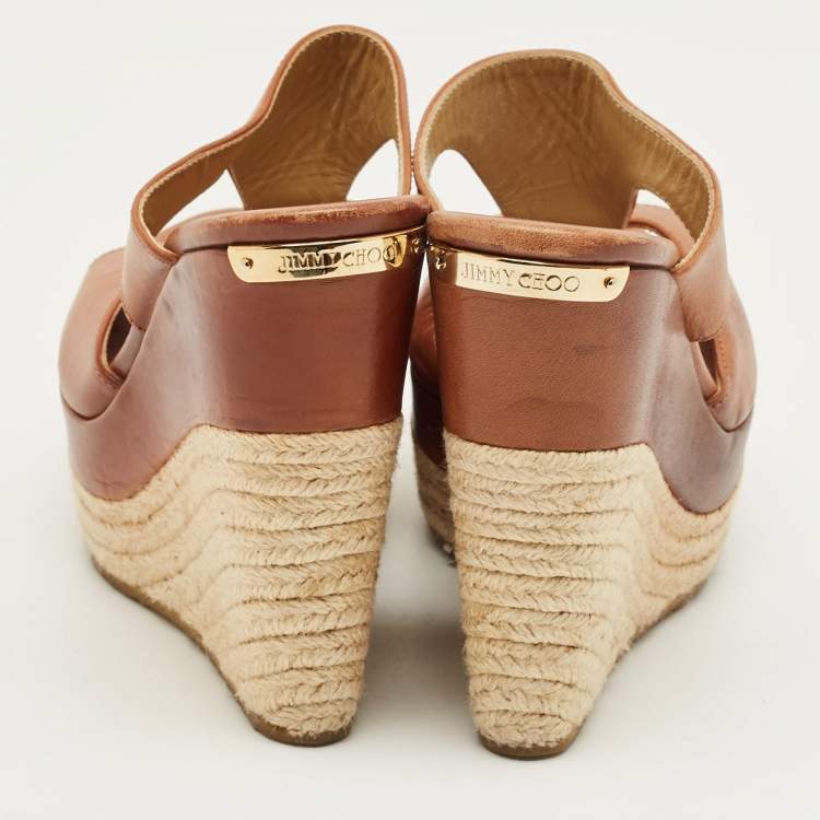 Pre Owned Jimmy Choo Brown Leather Platform Wedge Espadrille Sandals Size 36.5