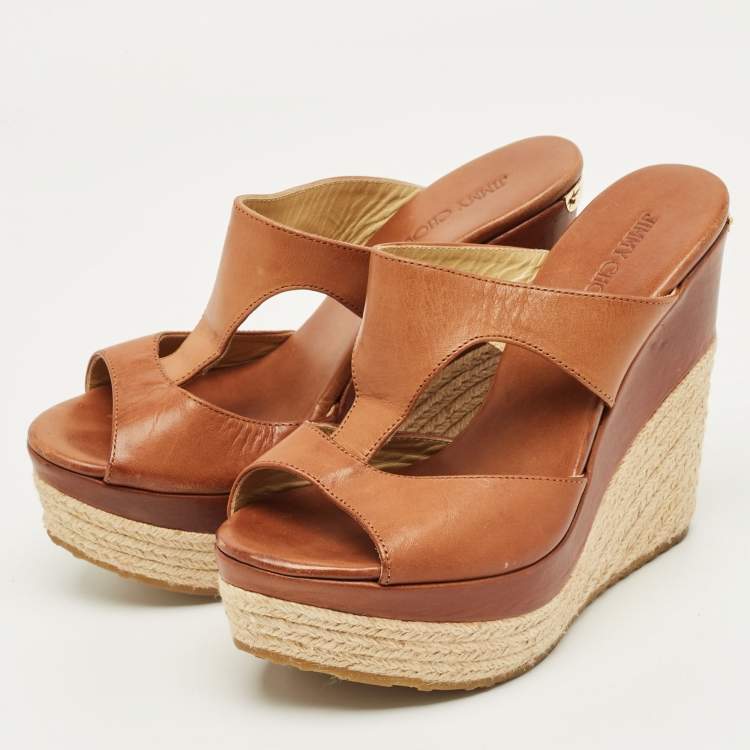 Pre Owned Jimmy Choo Brown Leather Platform Wedge Espadrille Sandals Size 36.5