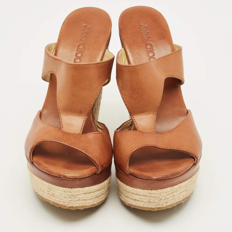 Pre Owned Jimmy Choo Brown Leather Platform Wedge Espadrille Sandals Size 36.5