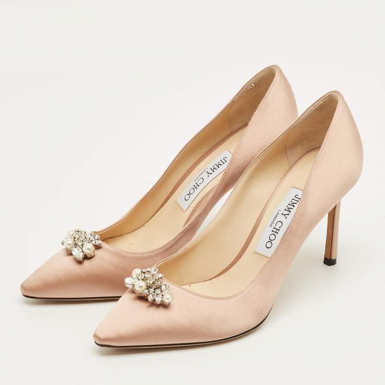 Pre Owned Jimmy Choo Gold Satin Crystal Embellish Manda Pumps Size 37.5