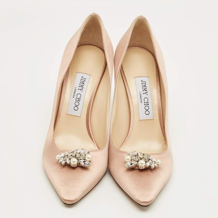 Pre Owned Jimmy Choo Gold Satin Crystal Embellish Manda Pumps Size 37.5