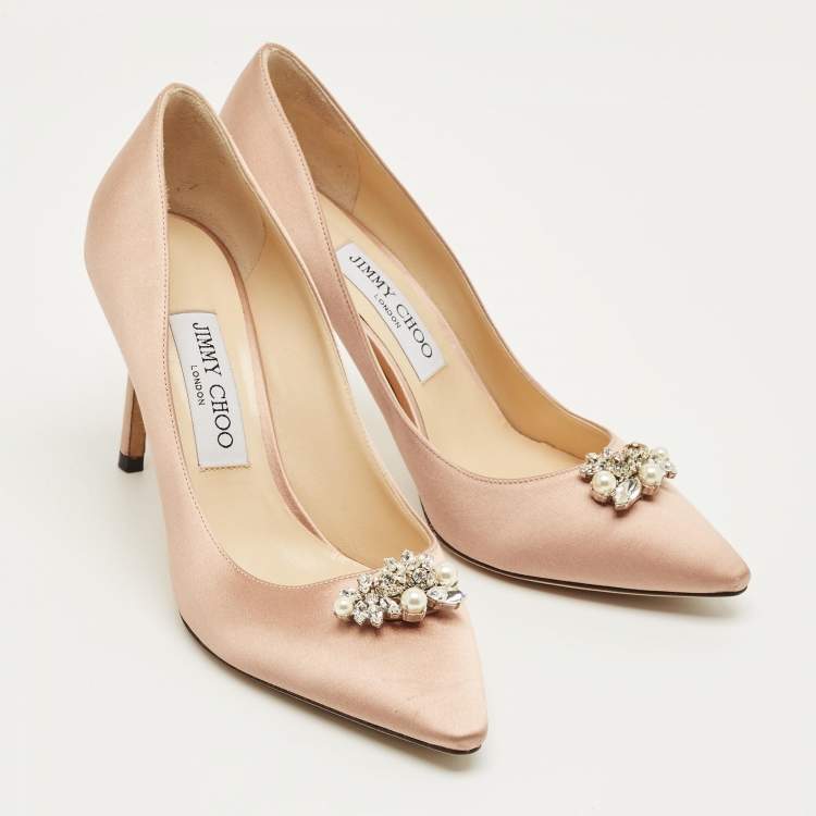 Pre Owned Jimmy Choo Gold Satin Crystal Embellish Manda Pumps Size 37.5