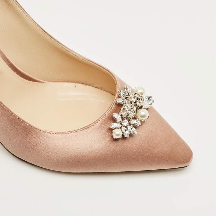 Pre Owned Jimmy Choo Gold Satin Crystal Embellish Manda Pumps Size 37.5