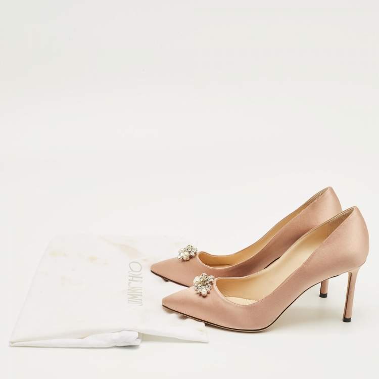 Pre Owned Jimmy Choo Gold Satin Crystal Embellish Manda Pumps Size 37.5