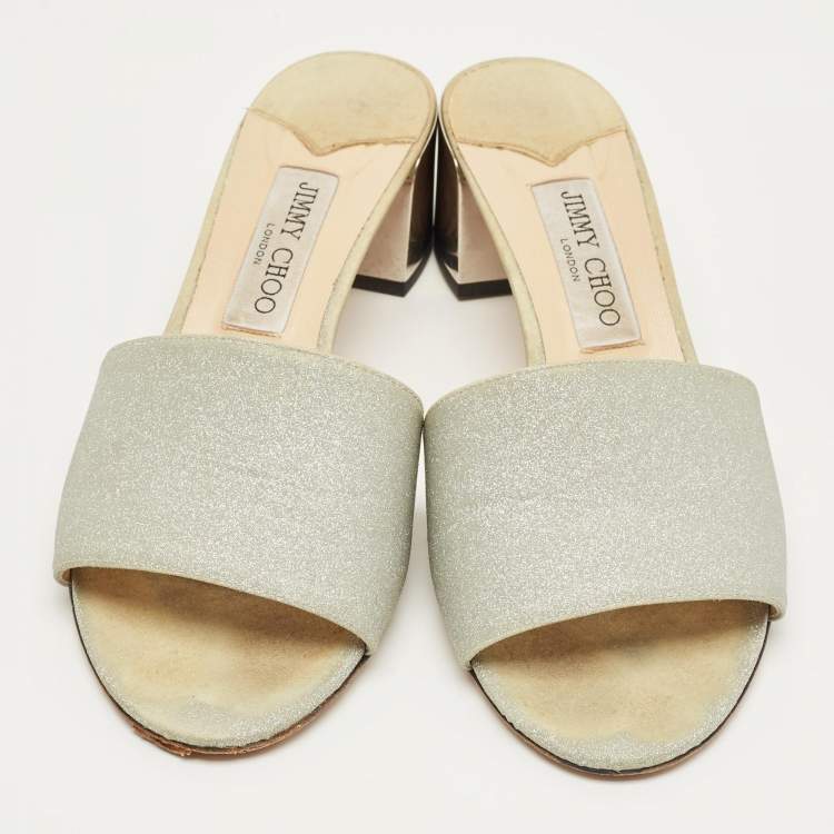 Pre Owned Jimmy Choo Silver Glitter Joni Slide Sandals Size 40